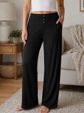 NWT Auden Black Wide-Leg Lounge Pants with Button Waist